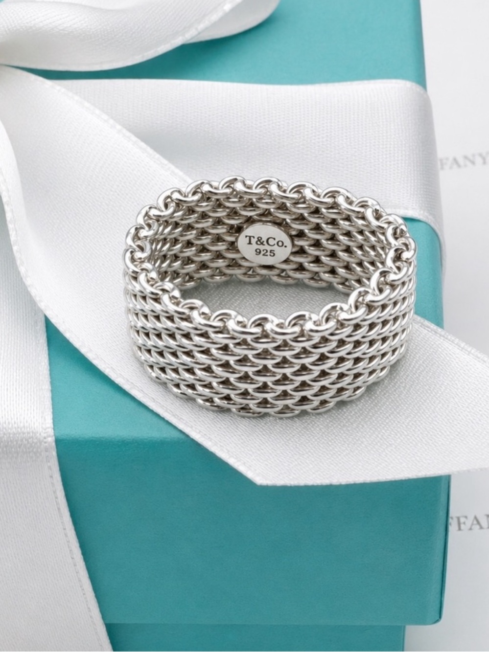 Tiffany & Co. Somerset Mesh Ring Band Sterling Silver 925 Size 6 Gift Box Pouch